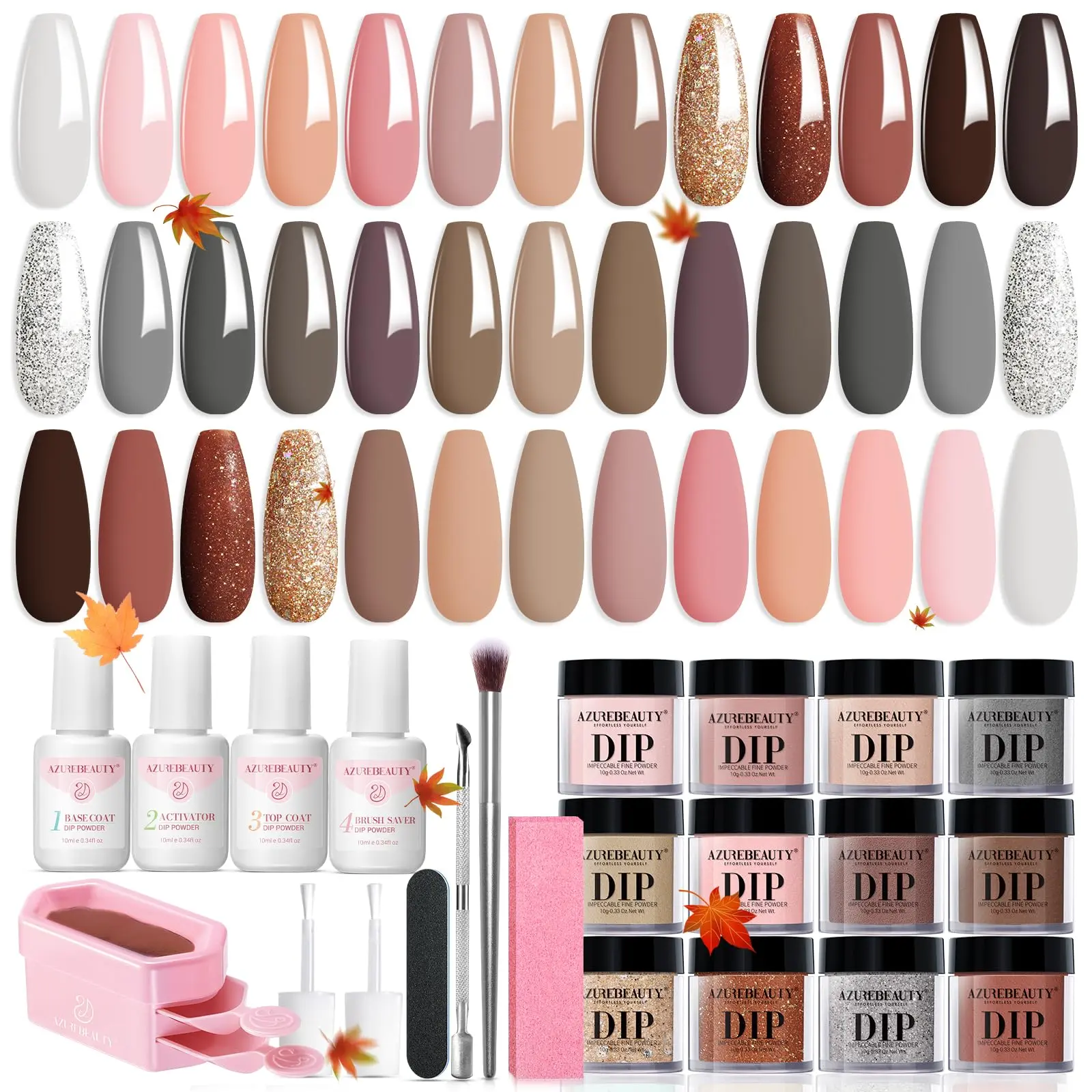 AZUREBEAUTY Dip Powder Nail Kit, 20 Colors Brown Nude Glitter Collection, Starter Manicure Set with Base Coat, Top Coat & Activator for DIY Nail Art, Dip Powder Nails