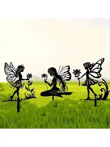 3PCS 2D Flat Black Wrought Iron Fairy Garden Stakes - Outdoor Metal Garden Sign Decorations - Halloween/Christmas/Easter Decor, Magical Figures For Fantasy Garden Art Christmas Decrotions Christmas