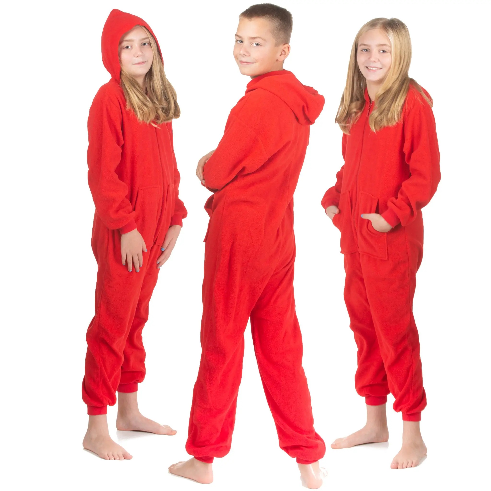 Hooded Onesie Jumpsuit Pajama in Red Fleece for Boys & Girls