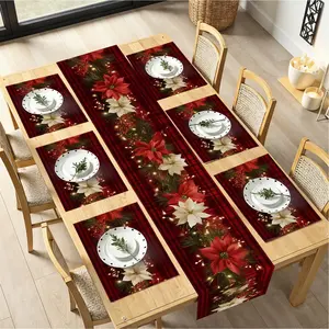 Christmas Table Runners and Placemats Set of 6, Red Plaid with Poinsettia & Floral Design,  for Holiday Dining, 7- Christmas Table Decoration