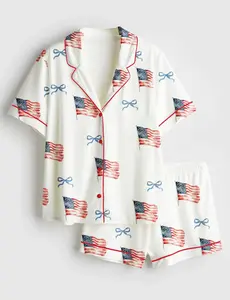 USA 250th Anniversary Patriotic Pajamas Satin Silk Set, 4th of July Pajamas Sets, USA Flag Coquette Bow Patriotic Premium Satin Pajamas, Gift For Her, Independence Day Fourth of July Pajama Set, Women Sleepwear