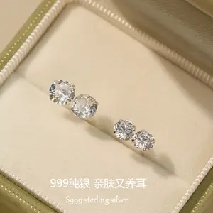 999 pure silver zirconia stud earrings for women, super shiny and high-end small earrings, ear piercing studs, ear bone studs, ear accessories