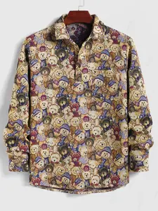 Men's Vintage Bear Printed Polo Collar Half Buttoned Long Sleeve Popover Pullover Sweatshirt Casual Geometric Pattern Sweatshirt