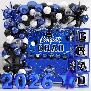 Graduation Decorations Class of 2026 Congrats Grad 2026 Supplies Include Backdrop Tablecloth Balloon Boxes with Letters Centerpieces Balloon Arch Kit Foil Balloons (Blue and Black)
