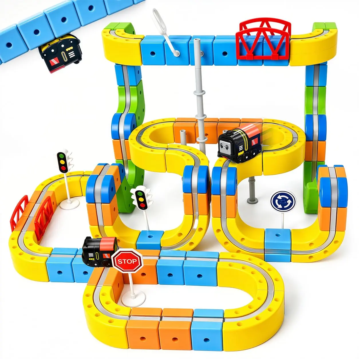 Electric 3D Magnetic Train Set with 105PCS Flexible Gravity-Defying Track, STEM Building Race Track Toy, Modular Reconfigurable Train Kit for Boys Girls Ages 3-12(2 Car)