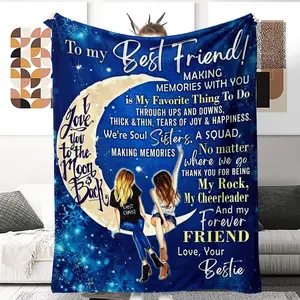 Moon & Letter Pattern Blanket, 1 Count Best Friend Themed Soft Air-Conditioned Room Throw, Warm Nap Blanket For Home & Office, Gift For Friend