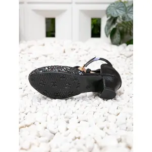 2026 Girls' Black Sequin Princess Shoes Little Girls' Hollow Bow High Heels Children's Round-Toe Single Shoes
