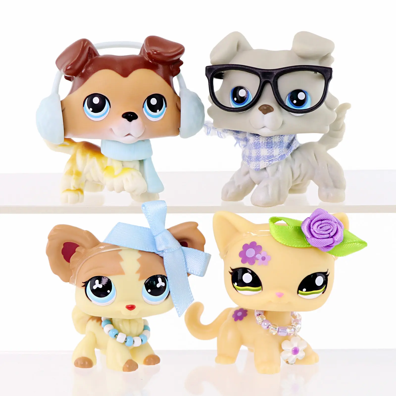 4 Pcs Mini Animal Figure Set, Cartoon Dogs & Cat Toys with Earmuffs Scarf Glasses Bow Flower Beaded Necklace Accessories, Collectible Small Pet Figurines, Kids Birthday Party Favor Desktop Cake Decoration
