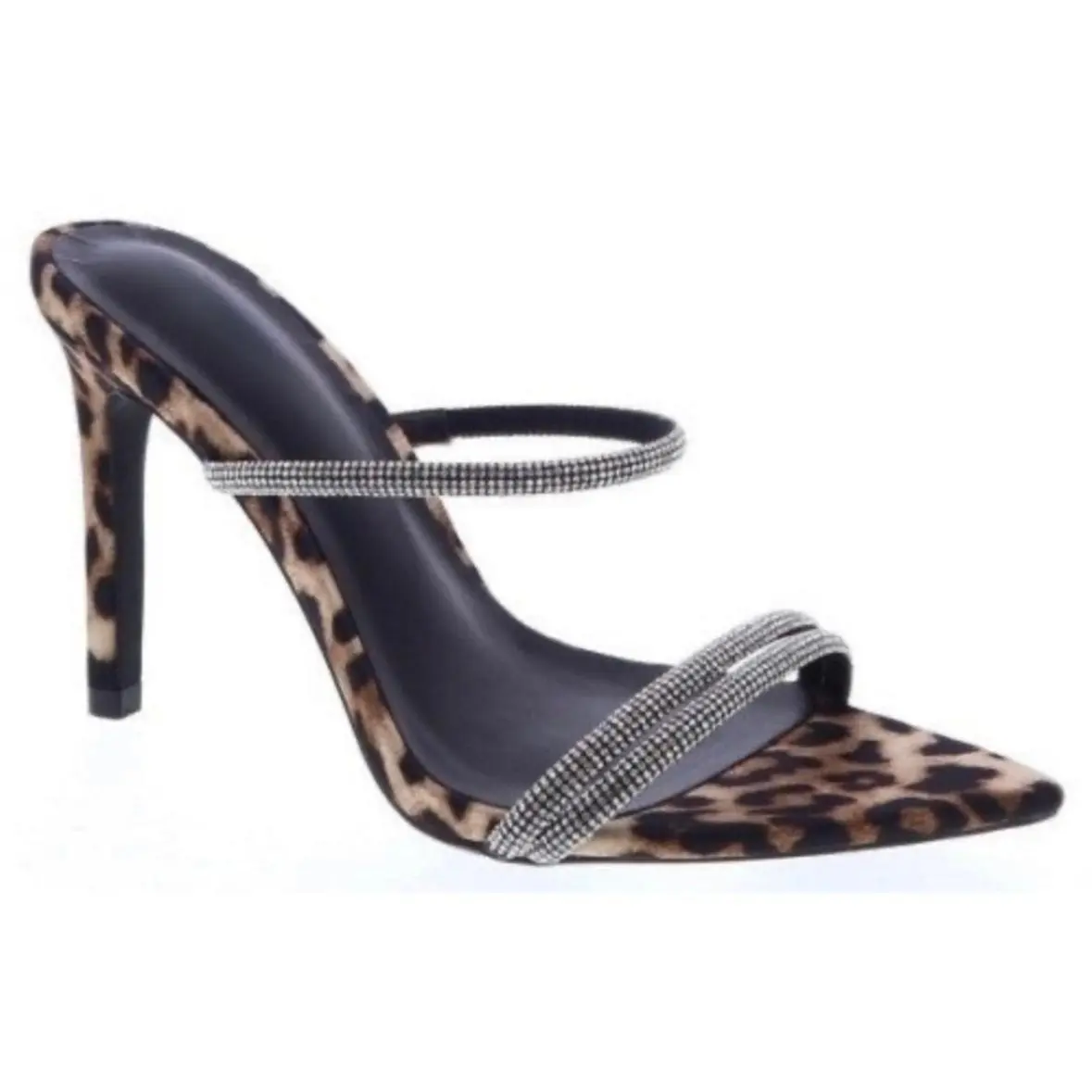Women's High Heel Mules, Leopard Print Stiletto Pointy Toe Slip-On Shoe with Sparkling Rhinestone Bands for Dress or Casual, Animal Print, Effortless And Comfortable, All Over Print
