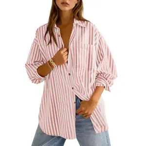 Womens Oversized Striped Button Down Shirts Boyfriend Long Sleeve Collared Work Blouses