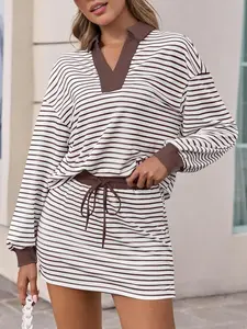 Fisoew Womens Striped 2 Piece Outfits Casual Sweatshirt Skirt Set Long Sleeve Skort Workout Set Matching Lounge Sets