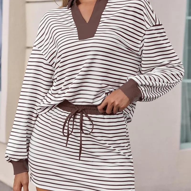 Fisoew Women's Striped 2-Piece Outfits, Oversized Printed Long Sleeve Matching Crew Neck Sweatshirt & Skirt Set for Casual Lounge, Workout, Striped Two Piece Set, Oversized Striped 2-Piece Skirt & Top Sets