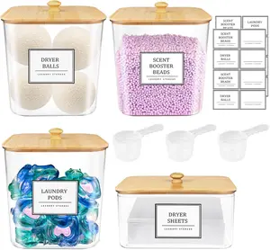 Laundry Pods Storage Container with Wooden Lids & Labels for Detergent Powder, Scent Booster for Laundry Room Organization, Clear, 3+1 Pack,Valentine's Day Gifts for Girlfriend Women