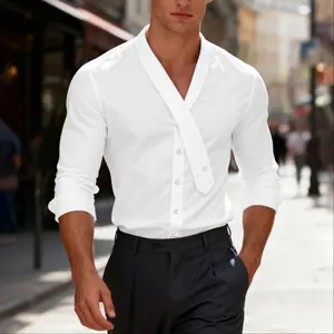 INCERUN Menswear Slim Fit Longsleeves Overlap Collar Shirt - Plain Minimalist Refined Top with Simple Buttons, All-Season Elegant Chic, Tie-Ready Business Casual Wear