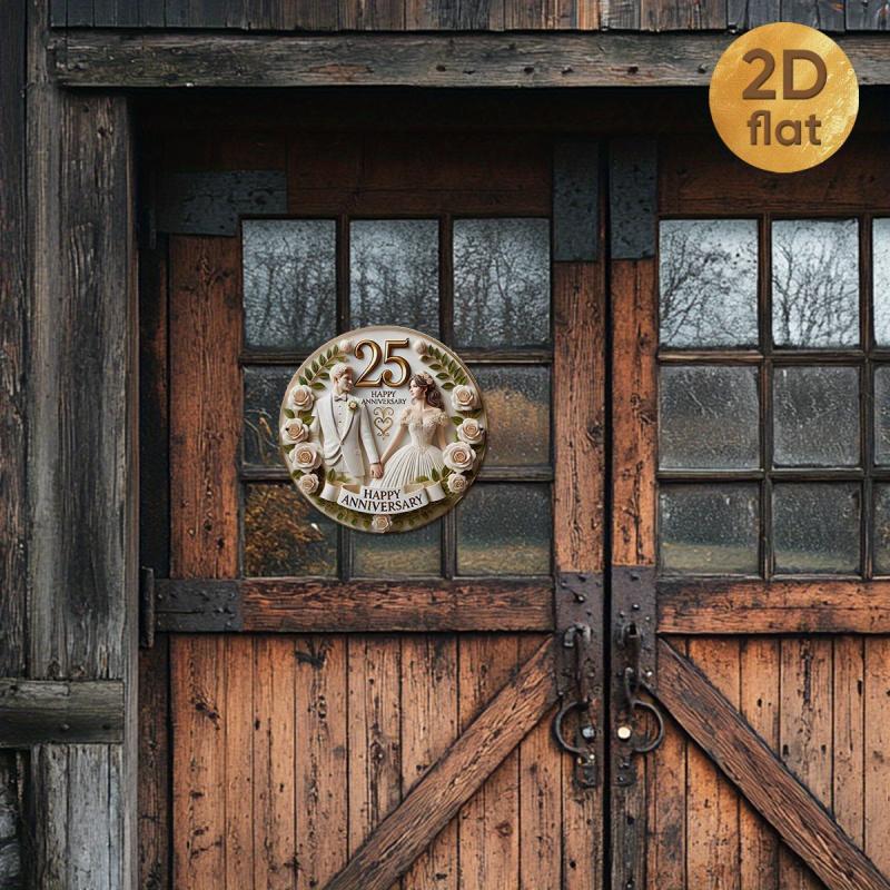 1PC 25th Anniversary Metal Wall Plaque - Old Silver Wedding Celebration Design, 19.99x 19.99cm Round Iron Sign, Featuring a Couple in Formal Attire, Rose and Heart Patterns, Perfect for Home, Office, Bar, Coffee Shop Decoration, Indoor/Outdoor Use, Ideal