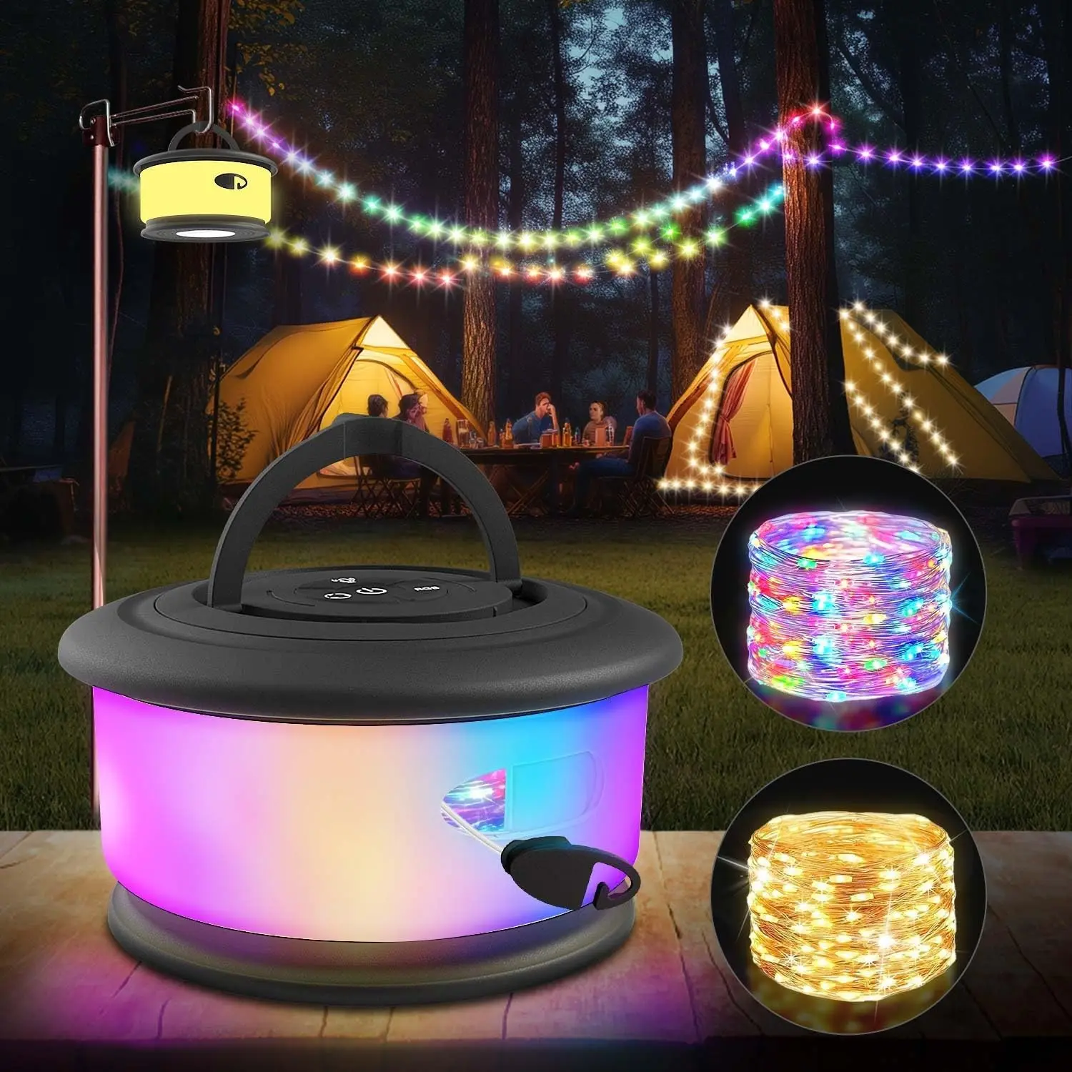 2-in-1 Rechargeable Camping LED String Lights - 32.8 ft Long, 19 Lighting Modes, Compact Roll Storage, Portable Lamp for Outdoor Events & Bedroom Decor (Black, Gift)