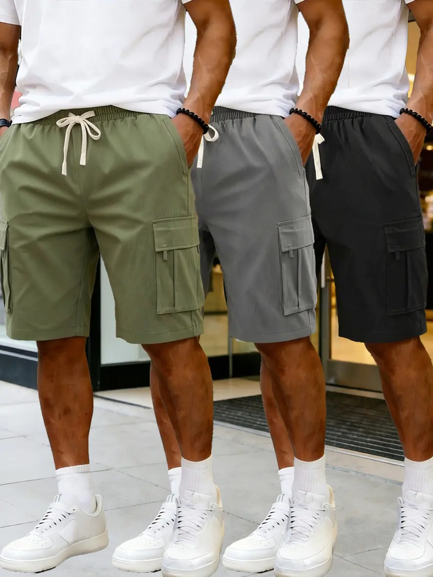 Men’s Elastic-Fiber Athletic Shorts (1/2/3 Packs) - Lightweight, Quick-Drying, Breathable Activewear with Back Pockets for Summer Gym, Running Workouts & Casual Wear, Drawstring, Polyester