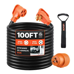 fathersdaygift VEVOR 100 FT RV Extension Cord, 50 Amp, 125V 7500W Heavy Duty STW 6/3+ 8/1 Gauge Wire, NEMA 14-50P Male NEMA 14-50R Female Plug, with LED Indicator, Handle, 15A Adapter, for RV Trailer, ETL Listed