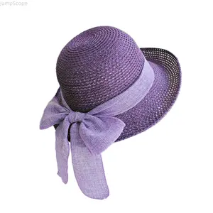 Women's Straw Sun Hat with Bow, Foldable Wide Brim UV Protection Beach Hat Adjustable UV Protection Sun Hat for Travel & Beach