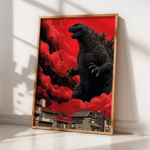 [UNFRAMED POSTER] Godzilla Wall Art, Red Smoke Japanese City Poster Print, Monster Movie Wall Decor, Gift For Movie Lover