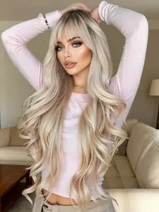 30 Inch Long Blonde Layered Wigs for Women, Gorgeous Fluffy Wigs with Blunt Bangs, Synthetic Full Machine Wigs for Party, Daily Use