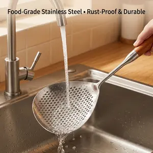 Stainless Steel Large Colander with Wooden Handle, 1-Count Kitchen Strainer for Egg, Noodles & Dumplings, Durable Kitchen Utensil for Cooking