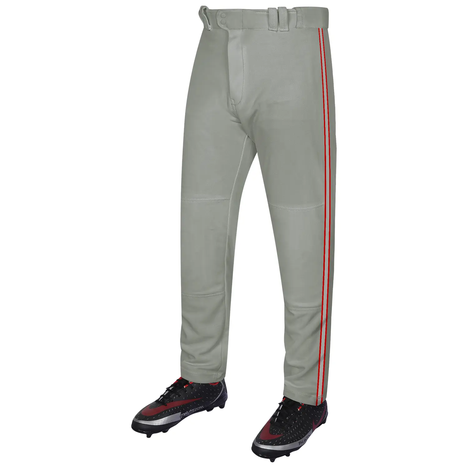 Exxact Sports Proline Full-Length Striped Polyester Baseball Pants - Relaxed Fit, Multi-Size, All Seasons, Anti-Odour, Baseball & Softball, Male Youth/Adult Open-Bottom, Grey/Red Stripe, Stain-Resistant Stretch Fabric
