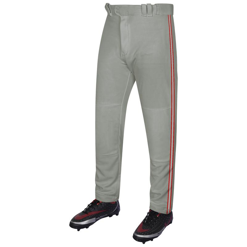 Exxact Sports Proline Full Length Baseball Pants Youth & Adult with Stripes, Relaxed Fit Open Bottom Men/Boys Baseball Pants (Grey/Red)