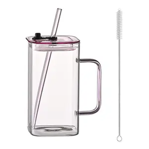 High Borosilicate Glass Straw Cup - 1 Pc Pink Square Cup with Lid, 4 Color Options, Ideal for Cold Drinks, Office Use, Gifting (Suitable for Milk, Juice, Coffee, Tea)