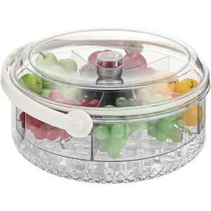 Keep Fresh 5-Compartment Round Tray, 10.8 x 5.2 Inch Clear Snack Box with Ice Storage, Lid & Handle, Portable Fruit Veggie Platter for Picnic & Party