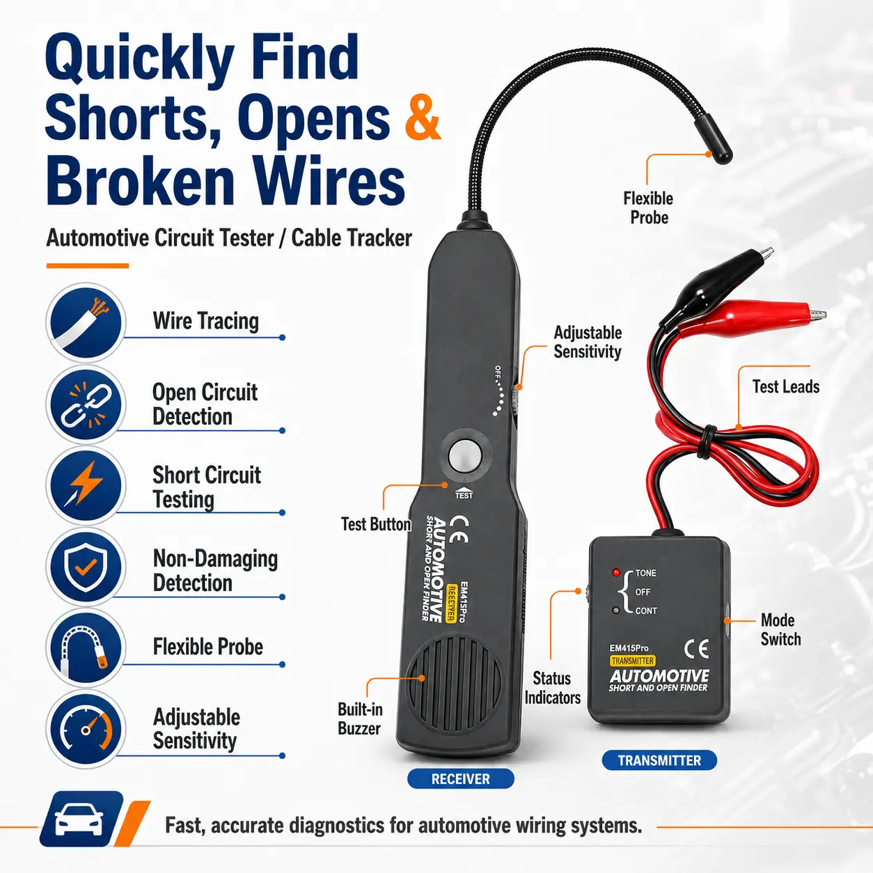 Automotive Circuit Tester Cable Tracker, Short and Open Circuit Finder Wire Tracer Tool, Car Electrical Diagnostic Probe Kit with Transmitter Receiver, 7-Inch Flexible Probe, Adjustable Sensitivity, Carrying Case