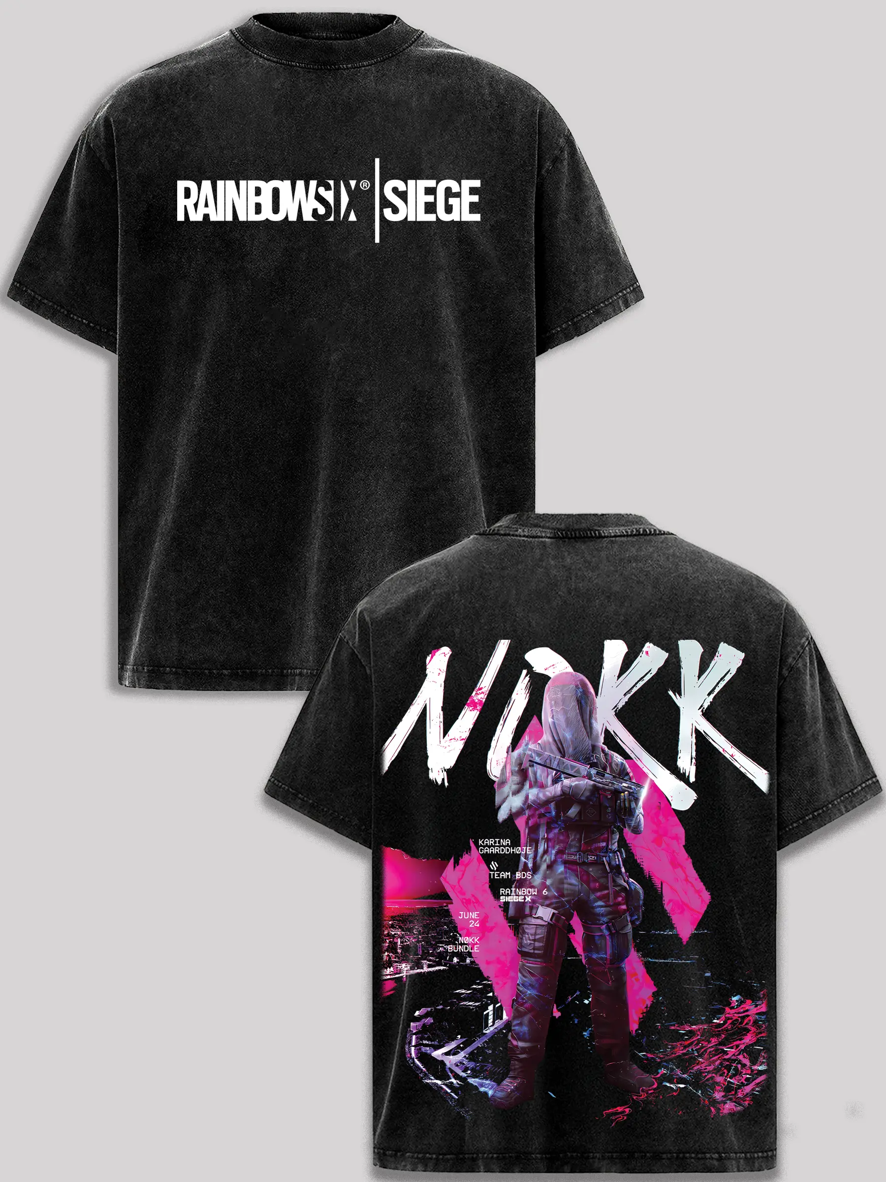 Rainbow Six Siege Nokk Vintage Washed T-Shirt Tactical FPS Gaming Graphic Oversized Heavyweight Cotton Black Tee