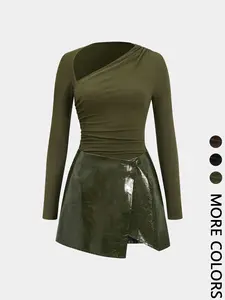 Women's Leather Patchwork Casual Knit Long Sleeve Dress, Fitted Style, Moderate Fabric Thickness, All Seasons Wear