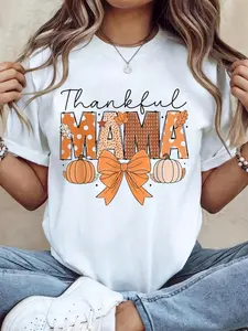 100% Cotton Thanksgiving Graphic Women T Shirt Thankful Mama Coquette Fall Pumpkin Spice Thanksgiving Women T-Shirt