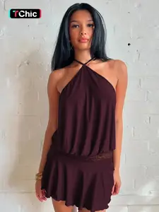 Women's Solid Color Lace Stitching Halter Neck Lace Up Sleeveless Backless Bodycon Slip Dress Plain Cut Out See Through Ruffles Hem Party Club Dating Holiday Beach Vacation Music Festival Ladies Dresses Clothing Wear Halter Strap Dress