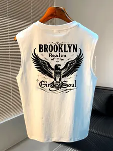 Brooklyn Eagle Print Vest, American Street Style Men's Sleeveless Waistcoat, Casual Fitted Graphic Design, Cartoon Pattern
