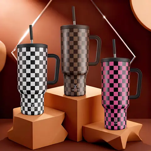 Meoky 40oz (1L/1,000-2,000 ml) Black White Checkered Stainless Steel Vacuum Flask - Car-Ready Handle, Leak-Proof, Anti-Scalding, Explosion-Proof, Non-Slip Base, BPA-Free, Portable Reusable Drinkware (13-24H Insulation)
