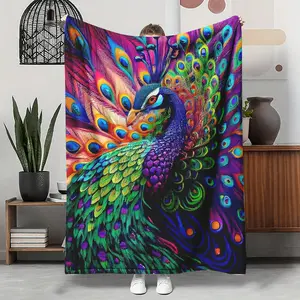 Peacock Neon Flannel Throw, Colorful Boho Feather Soft Warm Blanket, Cozy Aesthetic Gift for Her Him, Couch Sofa Bed Bohemian Decor, AC Summer Nap Blanket, Birthday Christmas Gift for Peacock Bird Lovers, Vibrant Throw