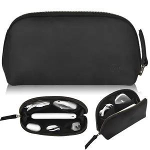 NUTUCH Black Leather Tech Pouch for Cables Chargers Phone | Tech Bag | Zipper Travel Accessory Pouch | Electric Organizer Case Travel Bag | Cord Cable Pouch