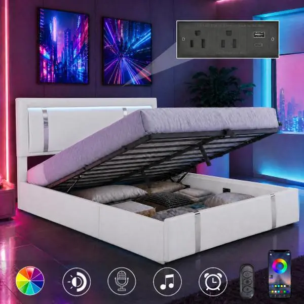 Bellemave Faux Leather Upholstered Platform Bed Frame with Adjustable LED Lights Headboard, USB-C Charging Ports, Hydraulic Lift, Metal Slats Support, Metal & Wood Construction