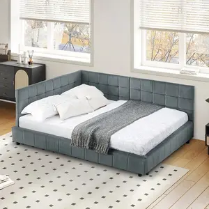 Full L-Shape Corner Bed Frame, Velvet Upholstered Tufted Daybed With Slat, Floor Platform Bed With Soft Headboard For Bedroom Nook, No Box Spring Needed, Gray