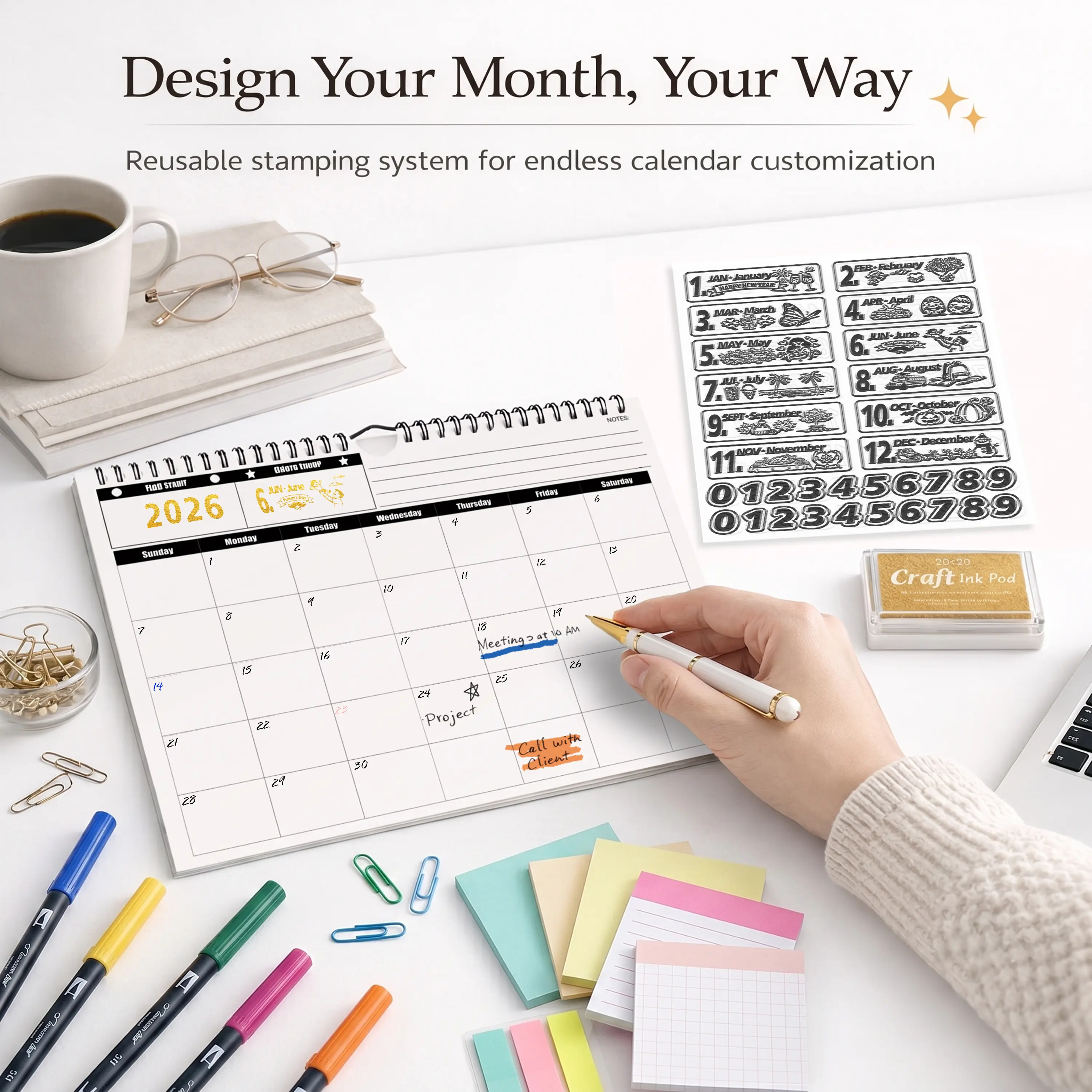 Jingago Customizable Wall Calendar - 24-Sheet Monthly Weekly Planner, Undated Planners, Reusable Month & Year Stamps, Gold Ink Pad, Practical and Creative Waste-Reducing Organizer for Home Office Personalize Planning & Organize Schedule