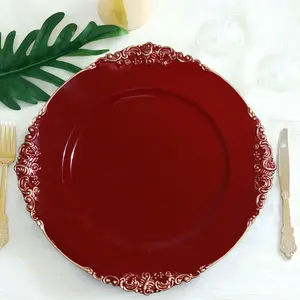 6-Pack Acrylic Charger Plates 13" Round Burgundy with Gold Embossed Baroque Rim - Antique Decorative Dinner Tableware