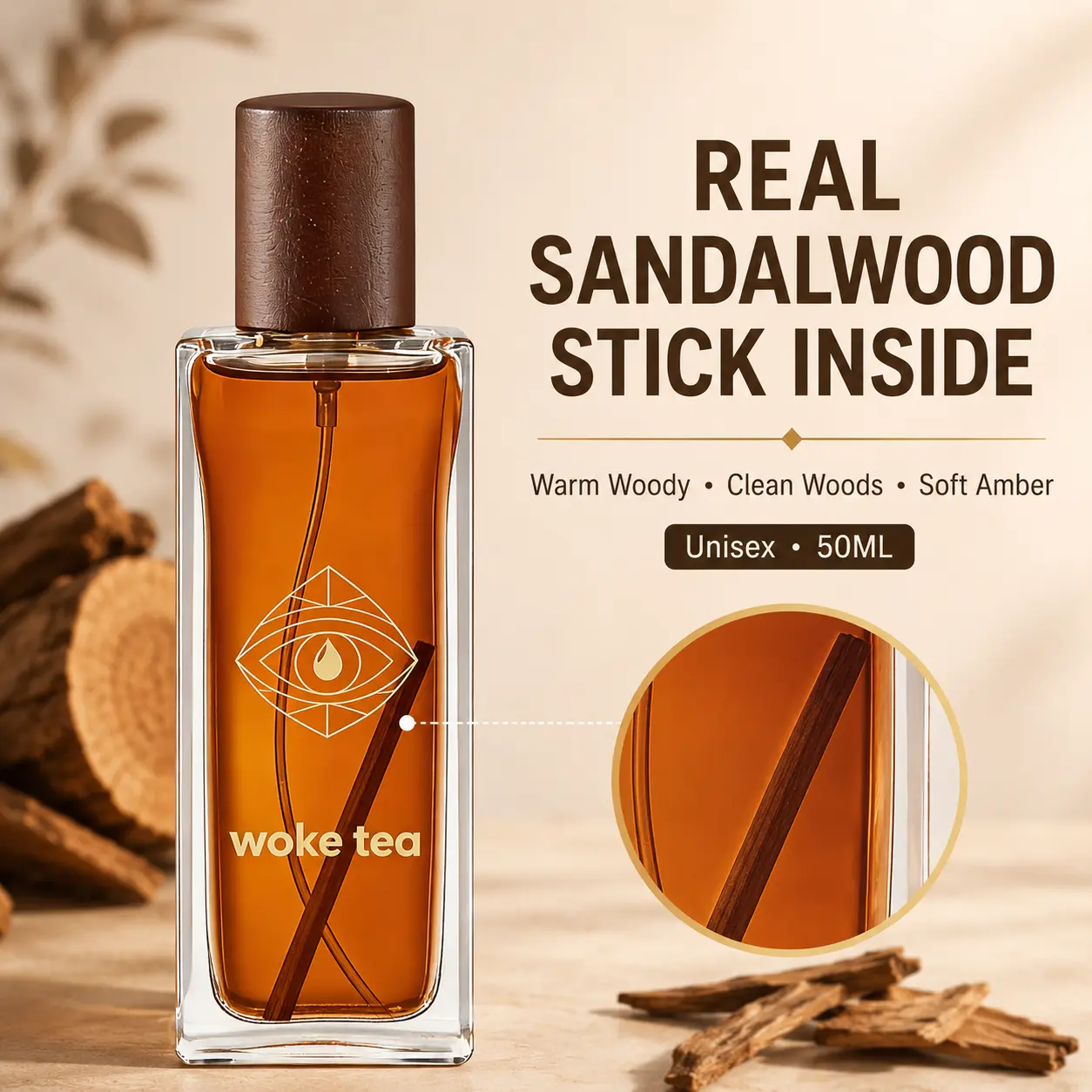 Quiet Luxury Niche Unisex Sandalwood Perfume |Alcohol-Free,Long-Lasting Woody Scent,Real Sandalwood Inside,Year-Round Warm Minimalist Fragrance for Daily Wear, Office, Date Night & Gifting,1.7 fl oz / 50ml