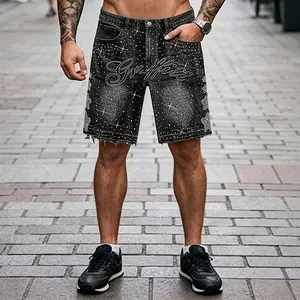 Men’s Summer Hip Hop Denim Shorts with Rhinestone Print, Vintage Style — Perfect for Music Festivals & Parties