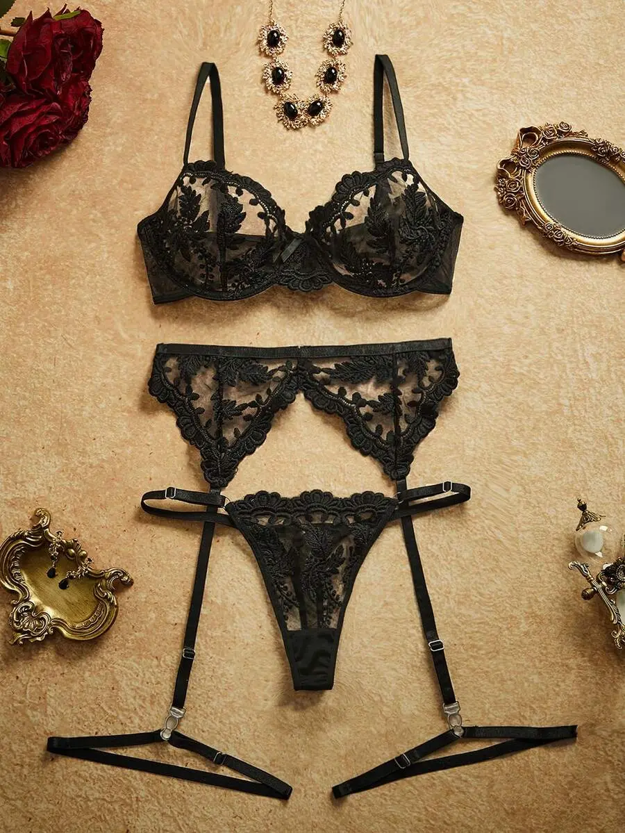 PinupPomp 5pcs/Set Women's Embroidery Mesh Sexy Lingerie Set For Going Out, Date Night, Chic & Elegant