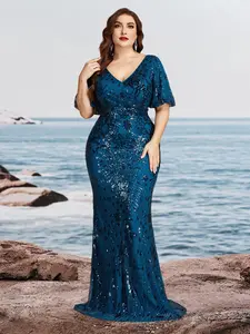 Elegant V Neck Trumpet Sleeve Maxi Speech Gown, Sparkling Beaded Formal Evening Dress, Flowy Mesh Bridesmaid Dress, Simple Cold Style Elegance Goddess Dress, Womenswear