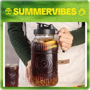 Vintage Half Gallon Mason Jar Pitcher Large 64oz Wide Mouth with Lid -2 Quart Airtight GlassJug for Water, Juice, Milk, Tea, lced Coffee andDrinks Drinkware Beverage lced Tea ServingSturdy Stylish Tin Canister Containers Kitchen Utensils Rustic tiktokshop