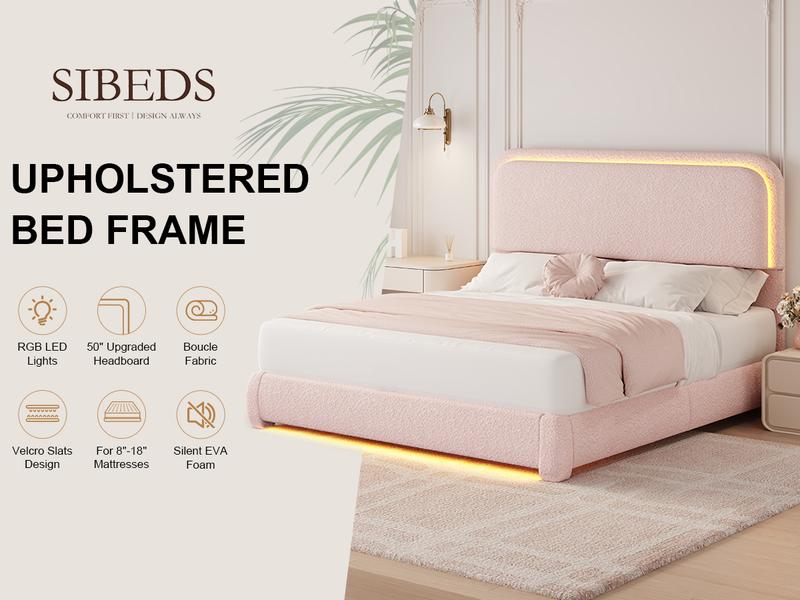 SIBEDS Queen Size Bed Frame with LED Lights, Princess Pink Teddy Fleece Rounded Corner Upholstered Platform Bedframe with Headboard, Modern Style, Soft Rounded Corners, Noise Free, No Box Spring Needed, Easy Assembly