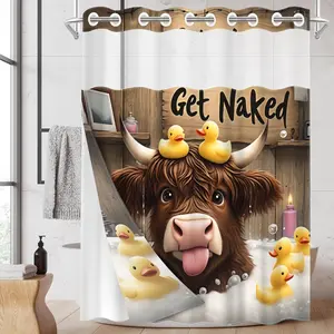 1PC/4PCS 2D Flat Printing Brown Cow, Bathtub, Little Yellow Ducks Patterned shower curtain, home bathroom decor, shower curtain set with 12 hooks, non-slip bathroom rug, U-shaped toilet seat cover, toilet seat mat.